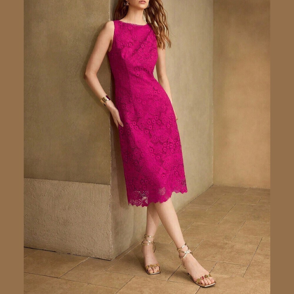 Magenta Hot Pink Floral Lace Round Neck Sleeveless Scalloped Hem Midi Dress